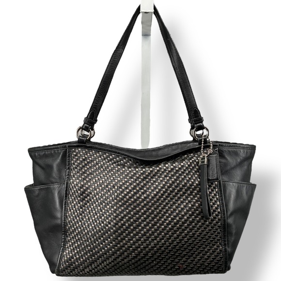 Coach Handbags - Coach F31285 Black Woven Leather Tote Shoulder Bag Zip Top Classic Everyday